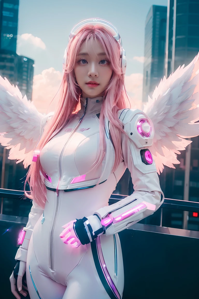 ((masterpiece, best quality, extremely detailed), volumetric lighting, ambient occlusion, colorful, glowing), 
1girl, solo, young girl, (pink hair), long hair, halo, aura, sacred, godness, cyber suit, (white outfit:1.3), android, bot, angel wings,
outdoors, sunset, sky, clouds, space, (cyberpunk theme:1.2),