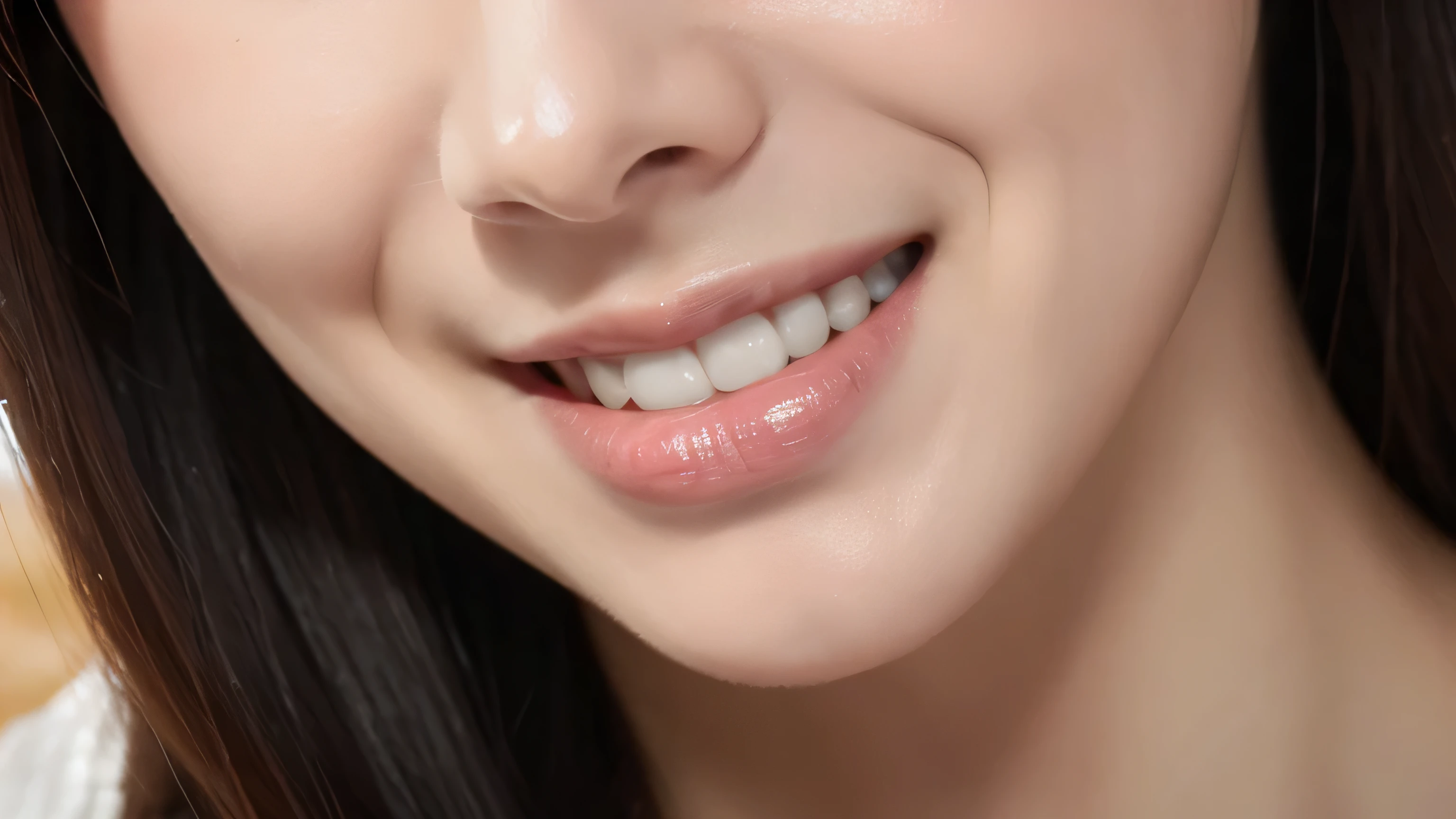 Highest quality，Maximum resolution，8K，A macro close-up photo，mouth，Smile，woman，The texture is real and clear