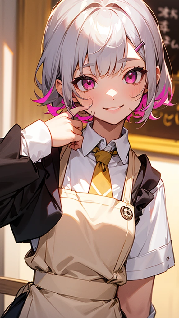 １girl、コーヒーショップで働くgirl、Wicked Smile、Upper body close-up、apron、Inside the coffee shop、Silver and bob short hairstyle、Tie your hair up with a hair clip、Pink Eyes、Perfect lighting、Warm colors