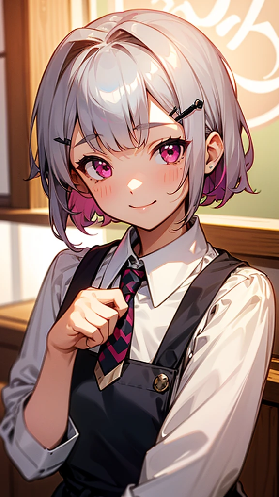 1girl、コーヒーショップで働くgirl、Wicked Smile、Upper body close-up、apron、Inside the coffee shop、Silver and bob short hairstyle、Tie your hair up with a hair clip、Pink Eyes、Perfect lighting、Warm colors