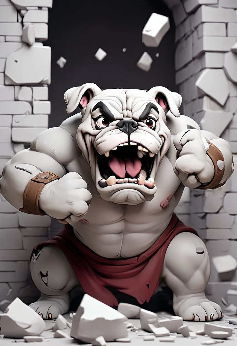 low quality, ((one bulldog)), upper body, center, front, arms crossed, Smash through walls, background white, monotone,