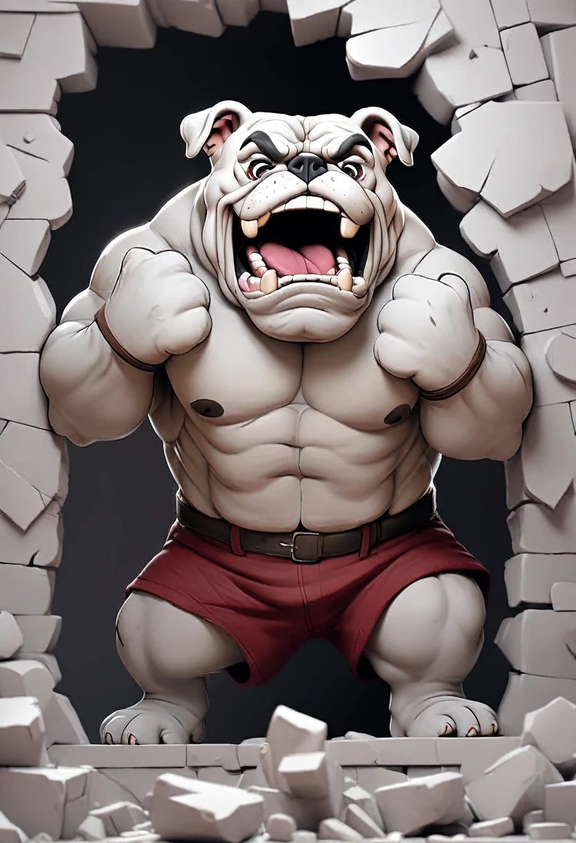 low quality, ((one bulldog)), upper body, center, front, arms crossed, Smash through walls, background white, monotone,