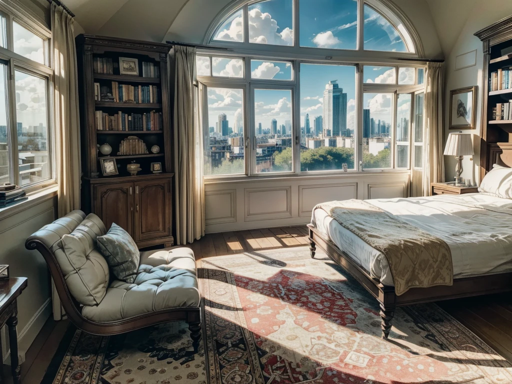 8K ultra high definition pictures real photos,sun sunshine blue sky white clouds,Circular glass house,Glass House,There was a big bed in the room,There is a table here,TV,There is a bookcase,curtain,carpet,Terrace,Rooftop,Bookcase bookshelf,Large glass windows all around,Overlooking the panoramic view,Outside the window is the city scenery and tall buildings