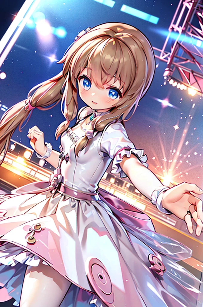 Solo girl, comical, kawaii, Blue eyes, light brown hair, back high twintails, front braids, princess dress, smile, front view, stand at the stage, neon and led lights, posing, sexy, high-resolution image, masterpiece, high quality, attractive eyes, ((dutch angle))
