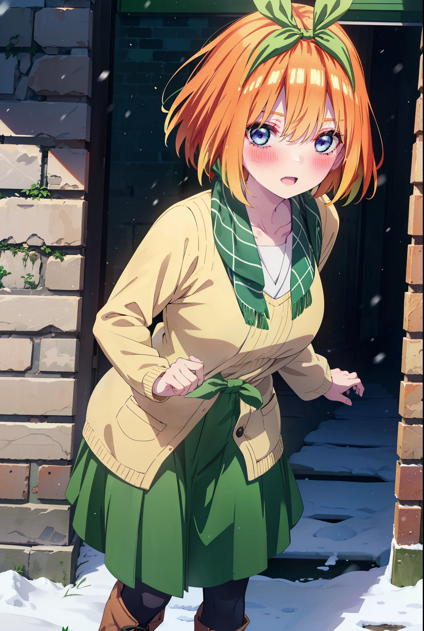 Yotsubanakano, Yotsuba Nakano, bangs, short hair, blue eyes, Hair between the eyes, hair ribbon, hair band, Orange Hair, (Green ribbon:1.5), smile, Hair between the eyes,blush, Open your mouth,White Breath,scarf,Green neck long coat,V-neck sweater,Long skirt,Black Pantyhose,short boots,Standing leaning against a wall,Snow is piling up,that'it's snowing,whole bodyがイラスト入るように,Hiding in a roofed building,
break outdoors, construction area,
break looking at viewer, whole body,
break (masterpiece:1.2), Highest quality, High resolution, unity 8k wallpaper, (shape:0.8), (Beautiful attention to detail:1.6), Highly detailed face, Perfect lighting, Extremely detailed CG, (Perfect hands, Perfect Anatomy),