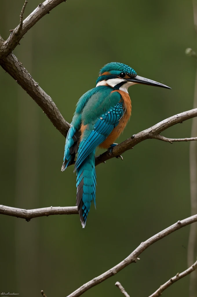 At the edge of a forest, a kingfisher perched on a branch.