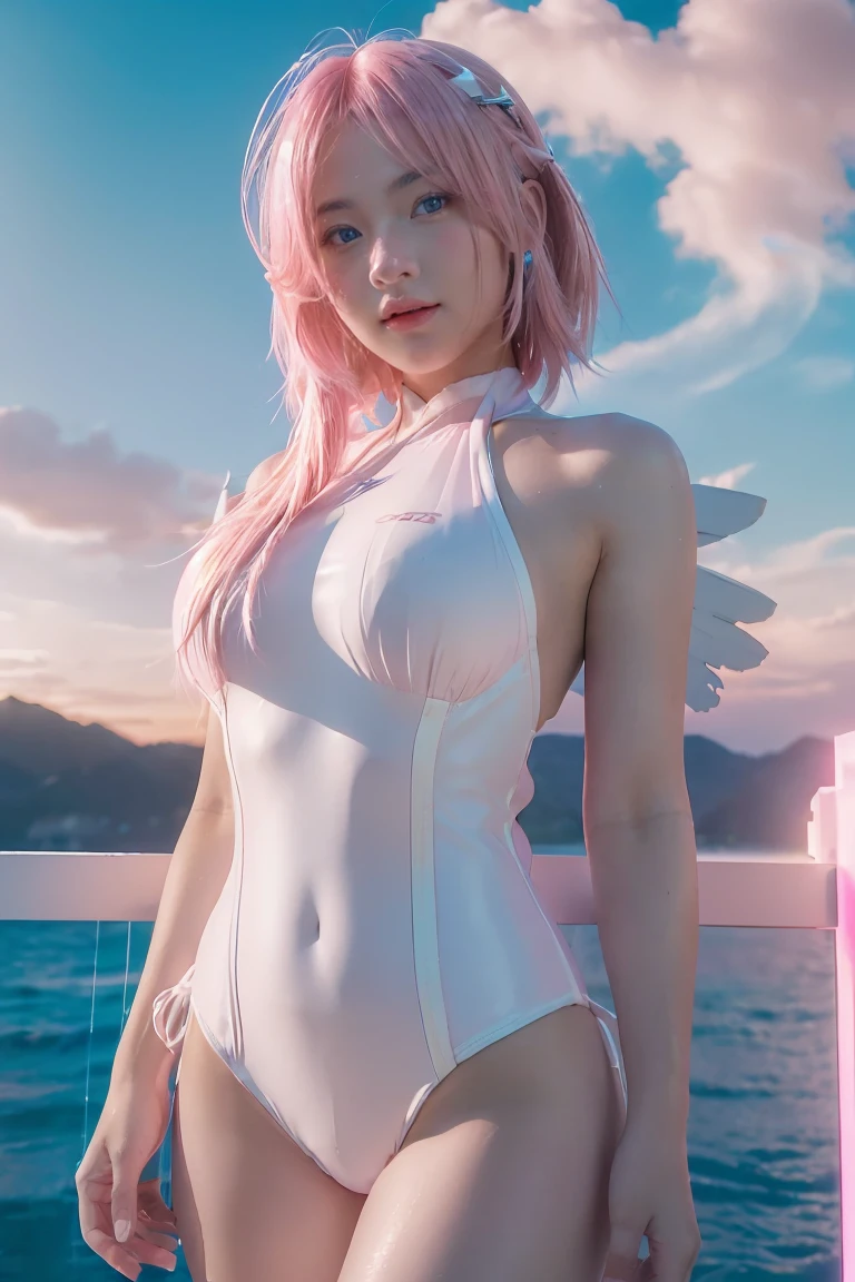 ((masterpiece, best quality, extremely detailed), volumetric lighting, ambient occlusion, colorful, glowing),
1girl, solo, young girl, (pink hair), long hair, halo, aura, sacred, godness, swimmingsuit, (white outfit:1.3), android, bot, angel wings,
outdoors, sunset, sky, clouds, space, (cyberpunk theme:1.2),