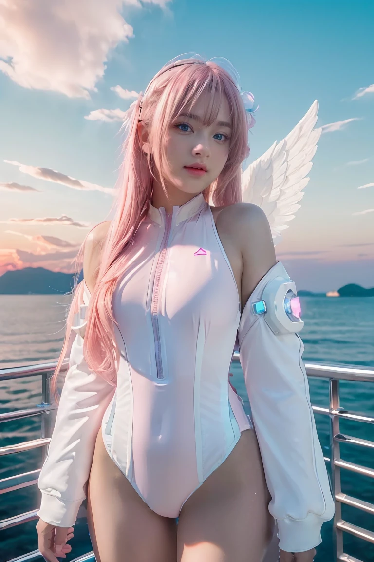 ((masterpiece, best quality, extremely detailed), volumetric lighting, ambient occlusion, colorful, glowing),
1girl, solo, young girl, (pink hair), long hair, halo, aura, sacred, godness, swimmingsuit, (white outfit:1.3), android, bot, angel wings,
outdoors, sunset, sky, clouds, space, (cyberpunk theme:1.2),
