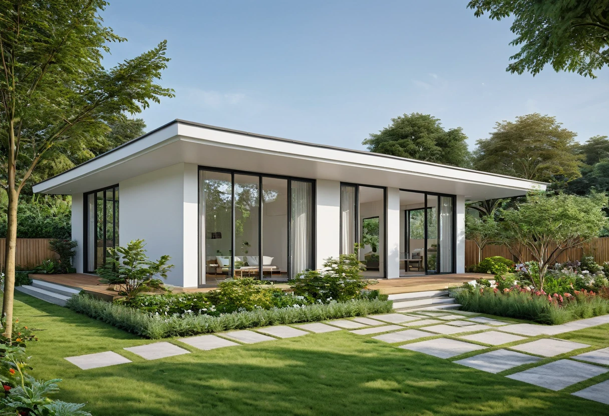 A highly detailed, high-resolution render of a modern garden house with a width of 7 meters. The house features a sloped roof with a white facade and black-framed windows, similar to the provided image. The front yard includes a well-maintained lawn with some greenery and a small porch area with outdoor furniture. Add a stylish fence surrounding the property and an elegant gate at the entrance. Ensure the overall scene captures the serenity and simplicity of the garden house, with emphasis on the clean architectural lines and the harmonious integration with the surrounding garden. The image should be sharp, with a clear depth of field (DOF) to emphasize the details of the house's exterior and the garden elements.

