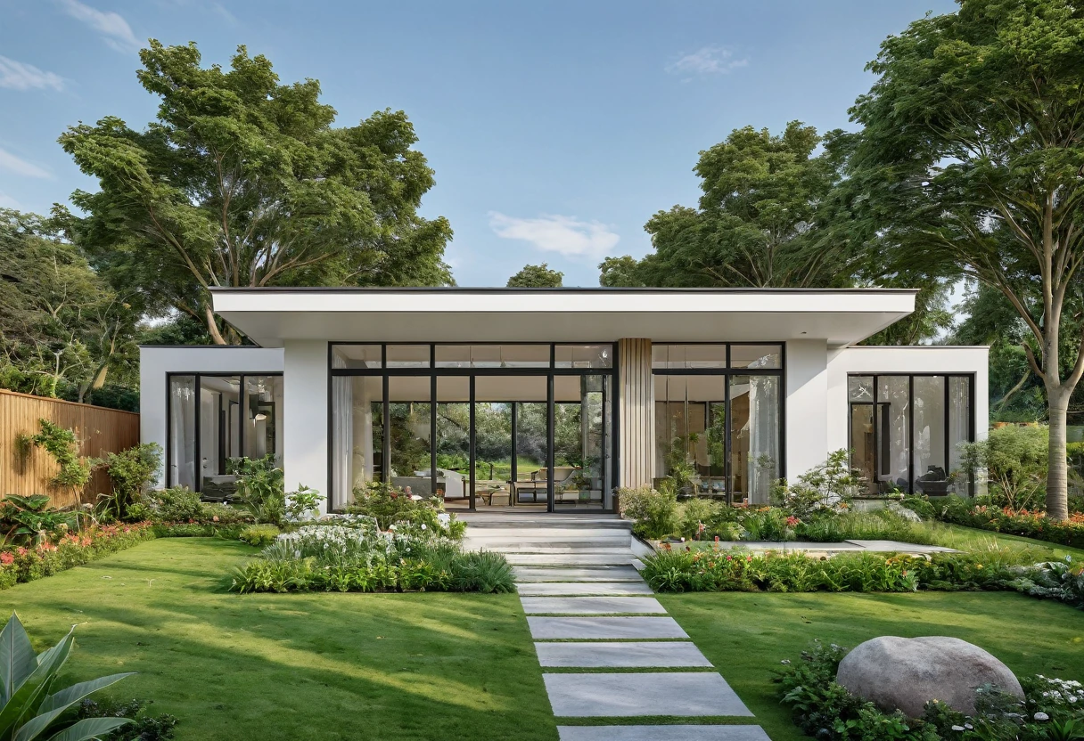 A highly detailed, high-resolution render of a modern garden house with a width of 7 meters. The house features a sloped roof with a white facade and black-framed windows, similar to the provided image. The front yard includes a well-maintained lawn with some greenery and a small porch area with outdoor furniture. Add a stylish fence surrounding the property and an elegant gate at the entrance. Ensure the overall scene captures the serenity and simplicity of the garden house, with emphasis on the clean architectural lines and the harmonious integration with the surrounding garden. The image should be sharp, with a clear depth of field (DOF) to emphasize the details of the house's exterior and the garden elements.