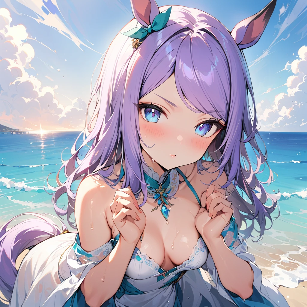 ((16k, highest quality, master piece: 1.2, super detailed, super high resolution, super detailed)),  1 girl, Mejiro McQueen \(umamusume\), Light purple hair, Long Hair, straight hair,  one girl, animal ears, horse tail, Blue Eyes, fashionable, elegance, charming, seductive, stunning, charming cleavage, lovely, charming, cute, beautiful detailed face, beautiful detailed eyes, soft expression, slim Beautiful figure, curvaceous, Small breasts, slender arms, graceful hands, delicate fingers, slim wrists, elegant neck, bare shoulders, smooth skin, Seaside, sandy beach, Outdoors, blue sky,(White one-piece swimsuit,Blue and red lines, drenched, Wet skin)), A little angry.