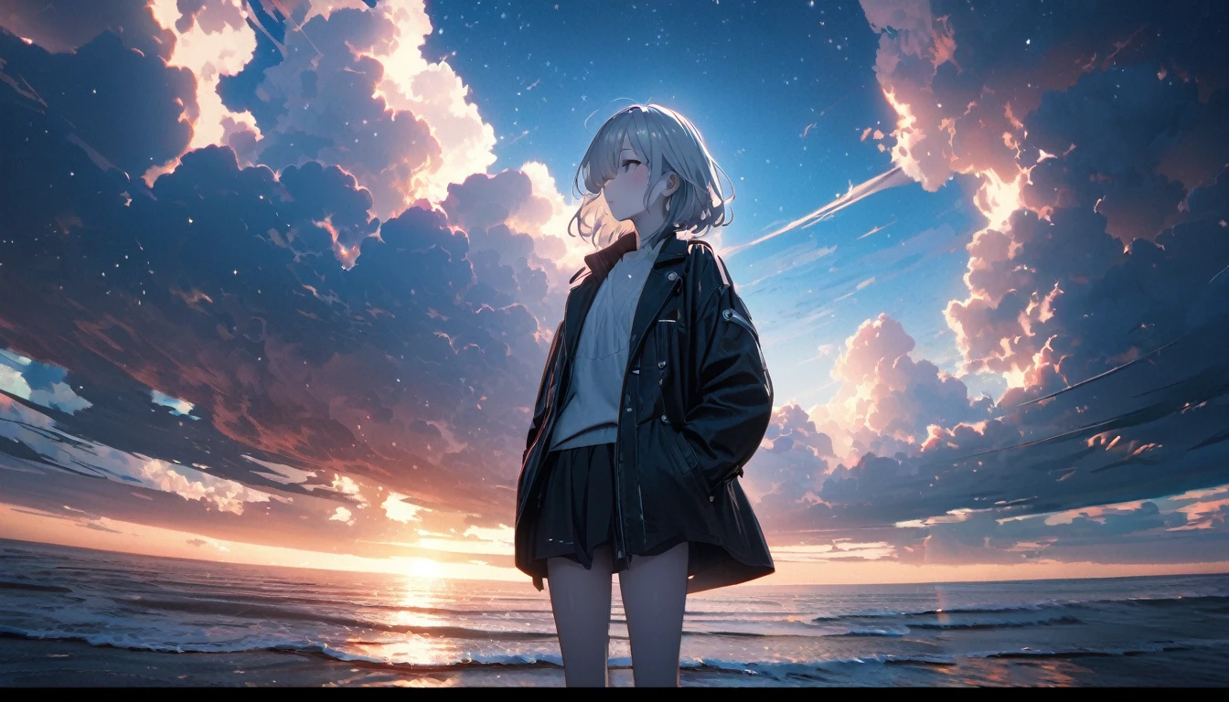 Starry Sky, After the Rain, horizon , In the sky,Lens flare, colorful,coat,Put your hands in your pockets,(student, 18-year-old, JK, Her short silver hair sways, Pale skin, Lack of eye sparkle) Looking up at the sky, Beautiful sky, There is an ocean,White Street,The scenery is beautiful, 広いLooking up at the sky, I see the wind blowing and shining, In the skyは正午の月と正午の星がある,From below, break ,quality(8K,非常に精細なCGユニットのwallpaper, masterpiece,High resolution,top-quality,top-quality real texture skin,Surreal,Increase the resolution,RAW Photos,最高quality,Very detailed,wallpaper,Cinema Lighting,Ray Tracing,Golden Ratio),Have a long-term perspective