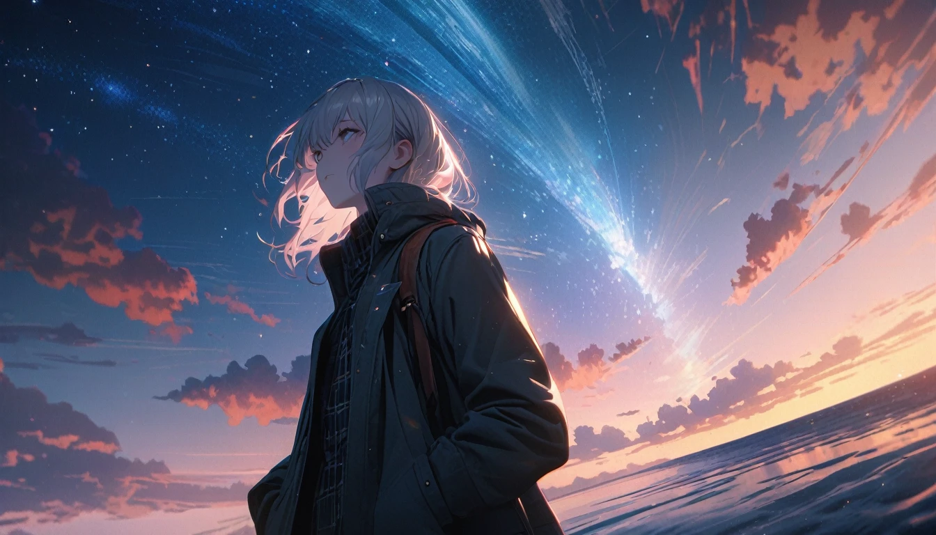 Starry Sky, After the Rain, horizon , In the sky,Lens flare, colorful,coat,Put your hands in your pockets,(student, 18-year-old, JK, Her short silver hair sways, Pale skin, Lack of eye sparkle) Looking up at the sky, Beautiful sky, There is an ocean,White Street,The scenery is beautiful, 広いLooking up at the sky, I see the wind blowing and shining, In the skyは正午の月と正午の星がある,From below, break ,quality(8K,非常に精細なCGユニットのwallpaper, masterpiece,High resolution,top-quality,top-quality real texture skin,Surreal,Increase the resolution,RAW Photos,最高quality,Very detailed,wallpaper,Cinema Lighting,Ray Tracing,Golden Ratio),Have a long-term perspective
