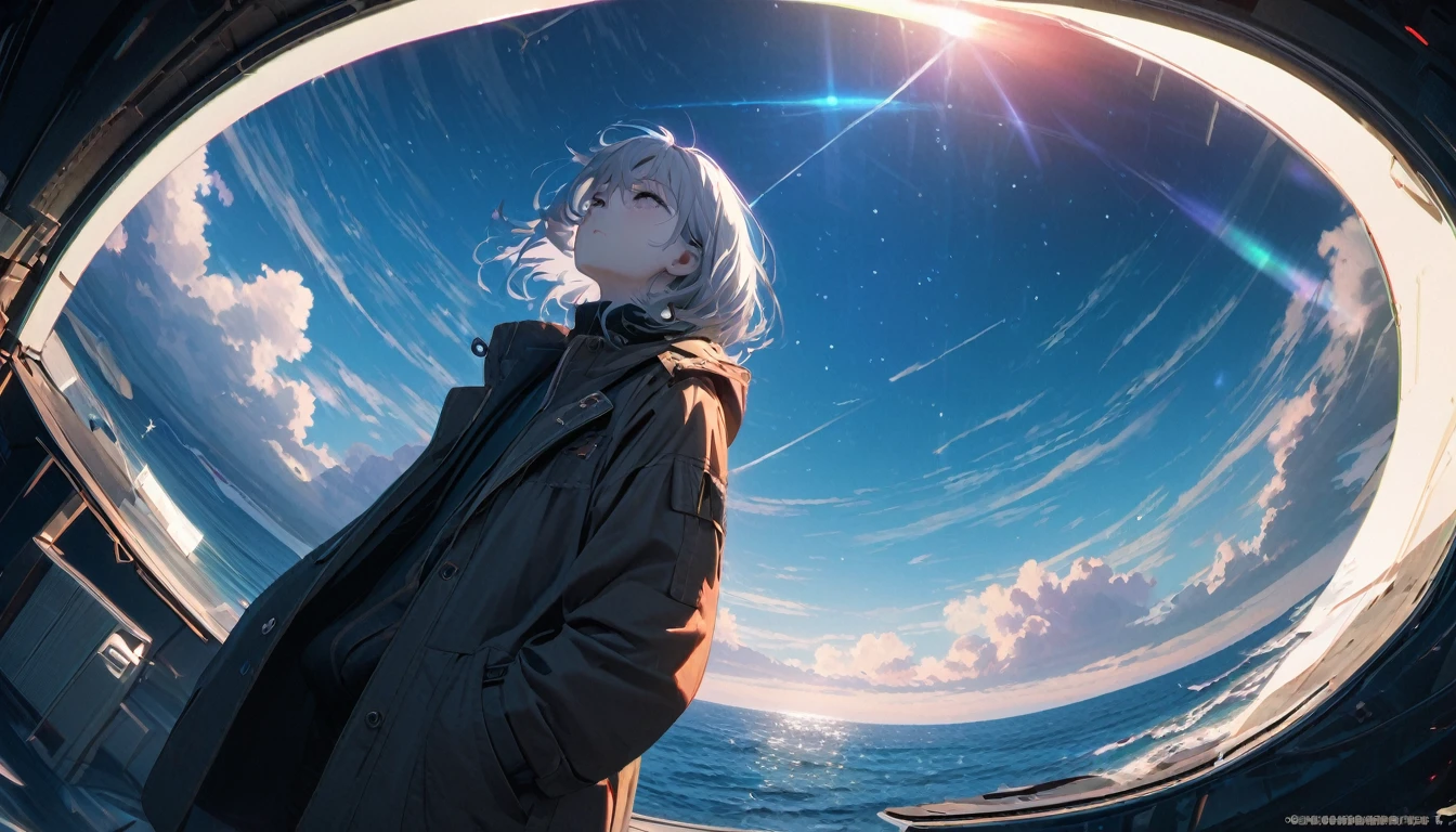 Starry Sky, After the Rain, horizon , In the sky,Lens flare, colorful,coat,Put your hands in your pockets,(student, 18-year-old, JK, Her short silver hair sways, Pale skin, Lack of eye sparkle) Looking up at the sky, Beautiful sky, There is an ocean,White Street,The scenery is beautiful, 広いLooking up at the sky, I see the wind blowing and shining, In the skyは正午の月と正午の星がある,From below, break ,quality(8K,非常に精細なCGユニットのwallpaper, masterpiece,High resolution,top-quality,top-quality real texture skin,Surreal,Increase the resolution,RAW Photos,最高quality,Very detailed,wallpaper,Cinema Lighting,Ray Tracing,Golden Ratio),Have a long-term perspective