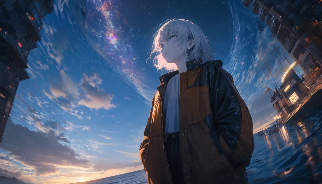Starry Sky, After the Rain, horizon , In the sky,Lens flare, colorful,coat,Put your hands in your pockets,(student, 18-year-old, JK, Her short silver hair sways, Pale skin, Lack of eye sparkle) Looking up at the sky, Beautiful sky, There is an ocean,White Street,The scenery is beautiful, 広いLooking up at the sky, I see the wind blowing and shining, In the skyは正午の月と正午の星がある,From below, break ,quality(8K,非常に精細なCGユニットのwallpaper, masterpiece,High resolution,top-quality,top-quality real texture skin,Surreal,Increase the resolution,RAW Photos,最高quality,Very detailed,wallpaper,Cinema Lighting,Ray Tracing,Golden Ratio),Have a long-term perspective