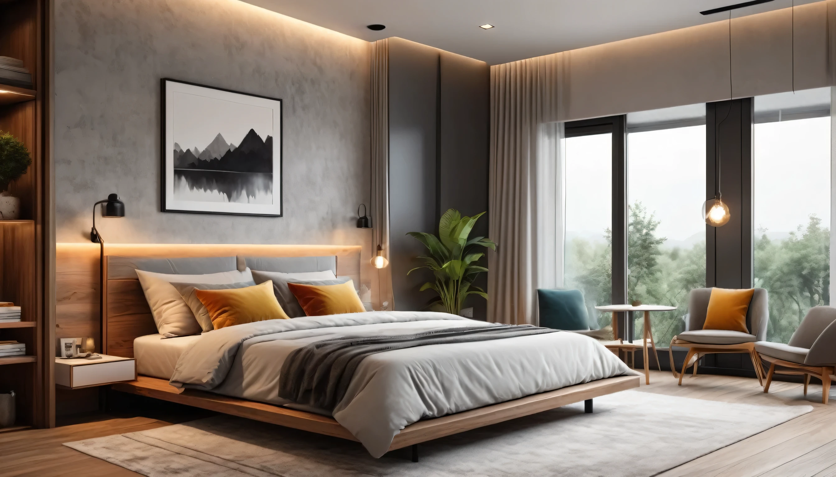The best quality,4k,8k,High Resolutions,Masterpiece:1.2),ultra detailed,(realist,fotorrealist,fotorrealist:1.37), HDR, UHD, Studio lighting, ultrafine paint, sharp focus, physically based representation, extreme detail description, professional, vivid colors, bokeh, Gray modern style bedroom, minimalist, cozy atmosphere, slick design, clean lines, natural lighting, Floor to ceiling windows, spacious, Comfortable bed, Soft gray bedding, plush pillows, Elegant wooden furniture, geometrical forms, abstract illustrations, Contemporary décor, Monochrome color scheme, dull tones, bursts of color, accent wall, textured painted paper, warm lighting, Ambient lights, Pendant lamps, wooden floors, neutral tones, decorative plants, Interior vegetation, cozy rug, Reading corner, big mirror, reflective surfaces, Stylish dressing table, organized closet, Natural Materials, serene environment.