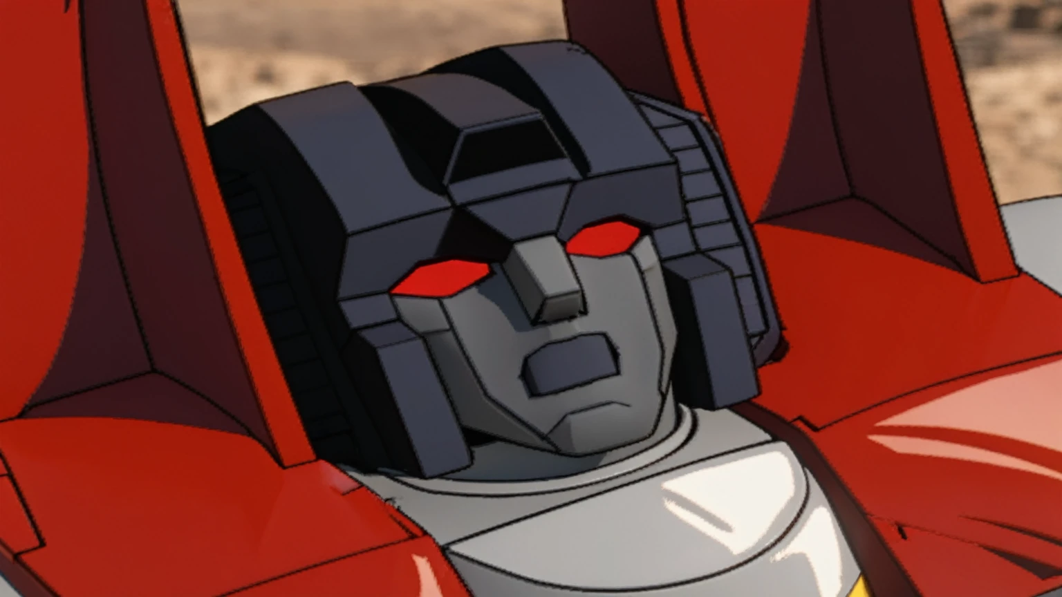 Smoothen lines、Higher resolution, upscale, The background is blurred、Rendered metal texture、As per the original design、 (8k Remaster、G1 Transformers, Details of the masterpiece, GeForce RTX4090、starscream, Beautifully rendered、3d, CG, Not unnatural, Surreal, DLSS, perfect dimming,) Close-up view of the robot, Face close-up,