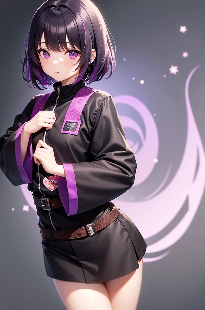 1GIRL, SOLO, KOCHOU SHINOBU, PURPLE EYES, MULTICOLORED HAIR, SHORT HAIR, PARTED BANGS, HAORI, WIDE SLEEVES, LONG SLEEVES, BLACK PANTS, BLACK JACKET, BELT