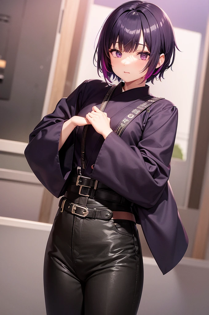 1GIRL, SOLO, KOCHOU SHINOBU, PURPLE EYES, MULTICOLORED HAIR, SHORT HAIR, PARTED BANGS, HAORI, WIDE SLEEVES, LONG SLEEVES, BLACK PANTS, BLACK JACKET, BELT