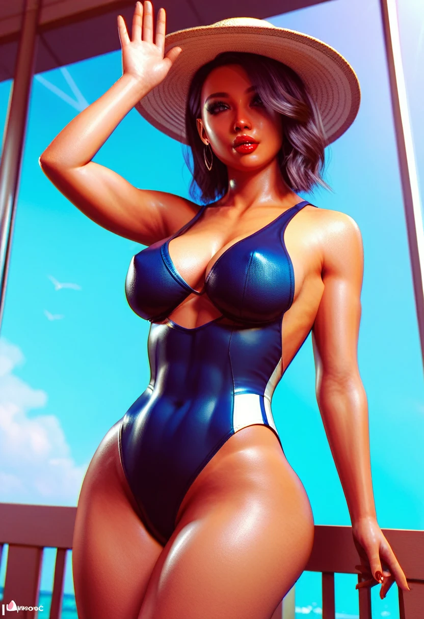 Swimsuit beauty waving at UFO,Raise your hands excitedly