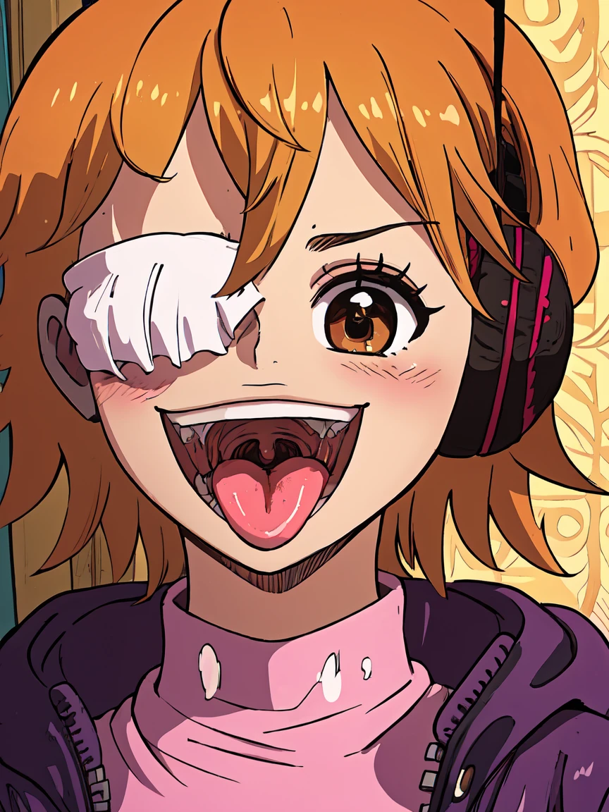 masterpiece, ((ultra detailed background, delicate pattern, intricate detail)), (highly detailed, fine details), best quality, beautiful lighting, ((medium breasts, slim girl)), 1girl, Lilith, ((mischievous smile)) ,(bangs covering one eye), ((light ginger hair)),headphones, (brown eyes), dark-purple jacket,(pink bodysuit, (close-up, portrait), blush, open mouth, big mouth, tongue, tongue out, close up, saliva, uvula, uvula, room, mouth focus, excessive saliva, one eye covered, room, indoors,
