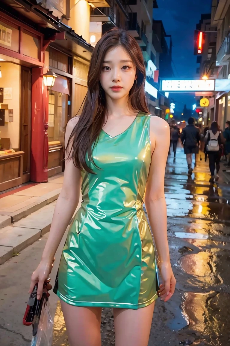 (Best quality, 8K, Masterpiece: 1.3), Clear focus: 1.2, Beauty: 1.4, Abs: 1.1, Brown hair, Aqua dress: 1.4, Night outdoors: 1.1, City streets, fine face and eyes, double eyelids. Realistic lighting added, pay attention to adjust the proportions.