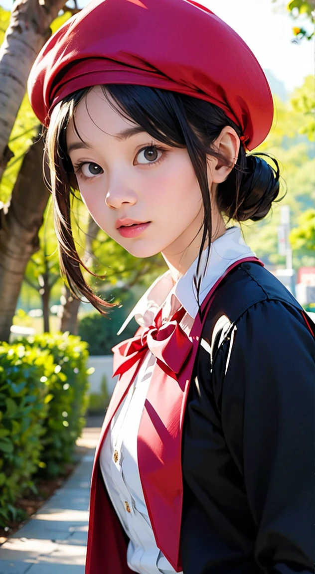 Arabian woman wearing a red beret standing in front of a tree, Wearing a beret, wearing a French beret, Chiho, narumi kakinouchi, Yasumoto Oka, Ayaka, Kazami Yuuka, Nishimiya Shoko, Portrait of a Japan teenager, Yuki Morita, Another close-up of Iwakura, Akiko Takase