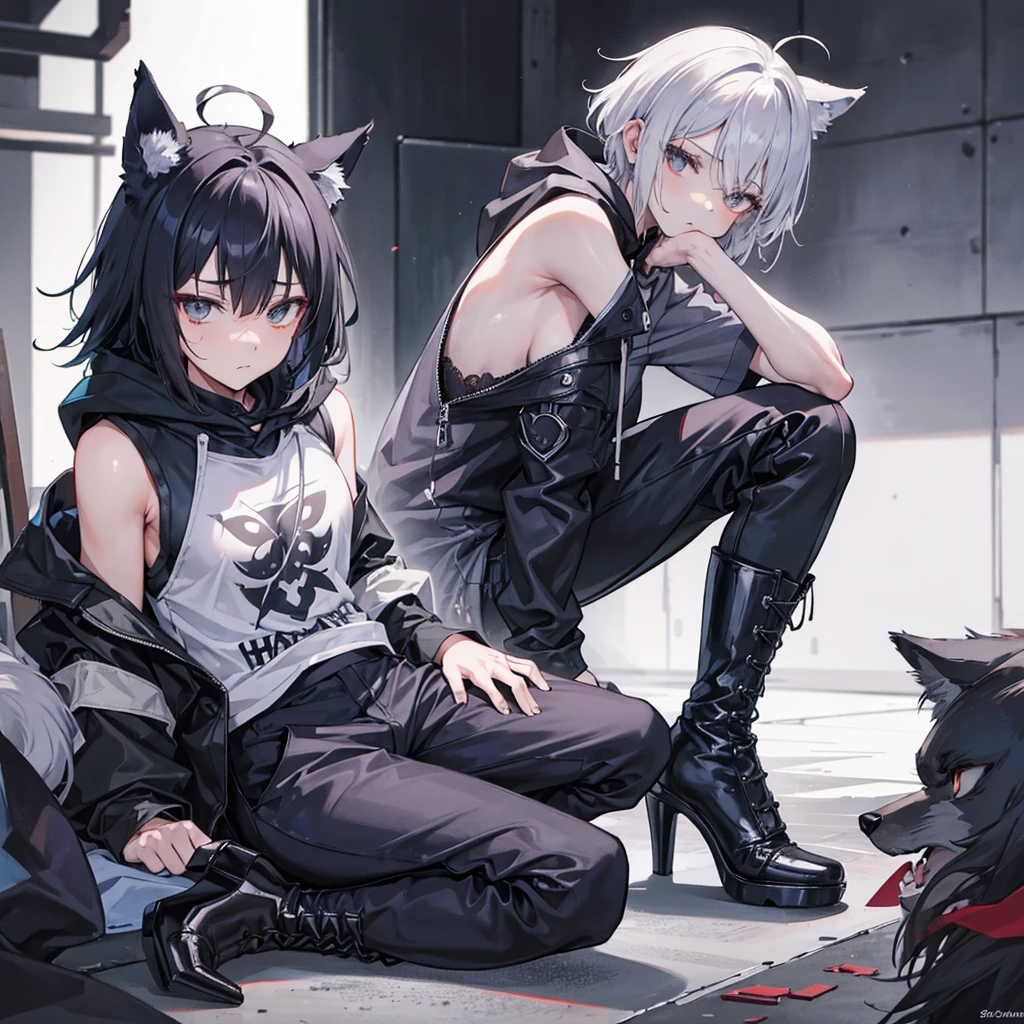 1boy, toned, sharp big wolf ears, wolf tail, big black messy hair, wide extremely vibrant red eyes, HD, masterpiece, vibrant, black converse shoes, slim dark crop top hoodie, full body view, black thigh socks, sitting on couch
