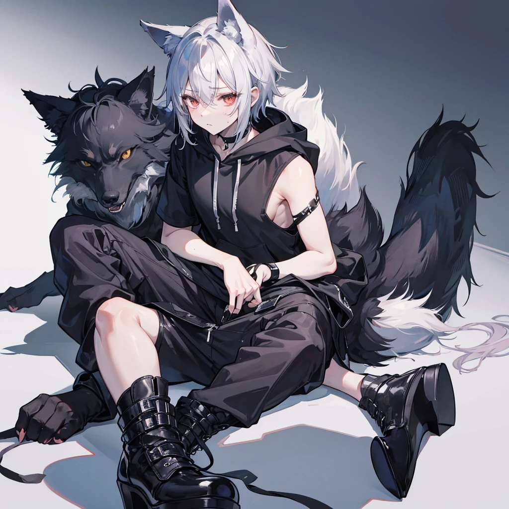 Shadow,alone,whole body,Shota,Beastman,Wolf,Wolf Cut,Short sleeve hoodie,pants,He looks exhausted.,sweating,Shoulder Bare,
Lace-up long boots,Stiletto heels