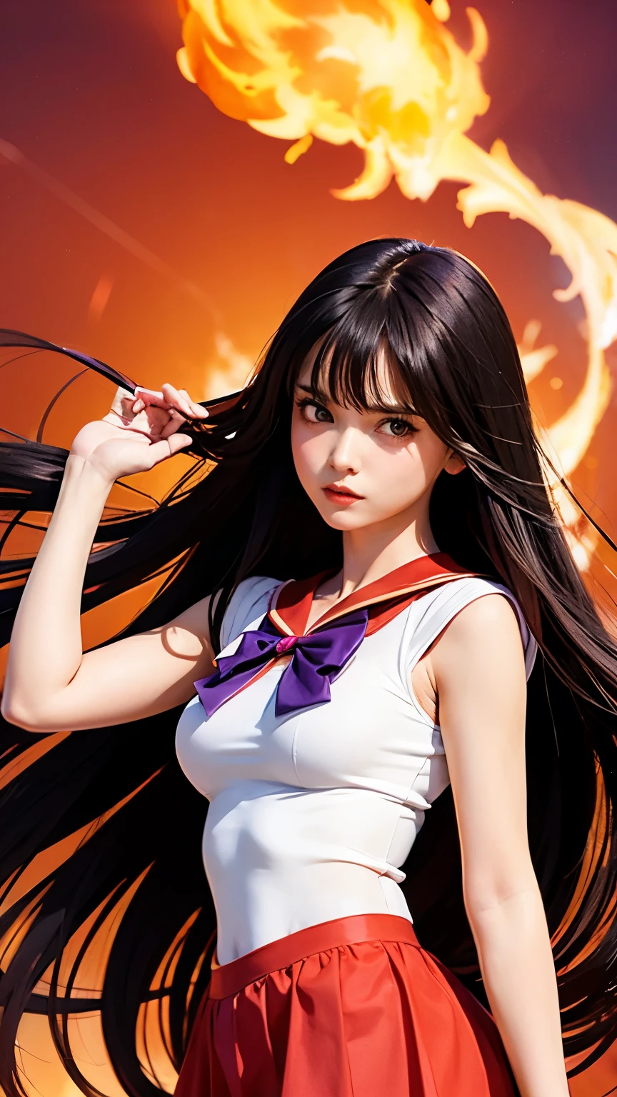 "Create an image of Rei Hino as Sailor Mars from Sailor Moon. She should be depicted in her Sailor Mars uniform, which includes a white and red sailor suit with a red bow on her chest and a purple bow at the back of her waist, and a short red skirt. Her long black hair flows freely, and she has purple eyes. Rei should have a fierce and determined expression, mystical scene with flames and smoke."