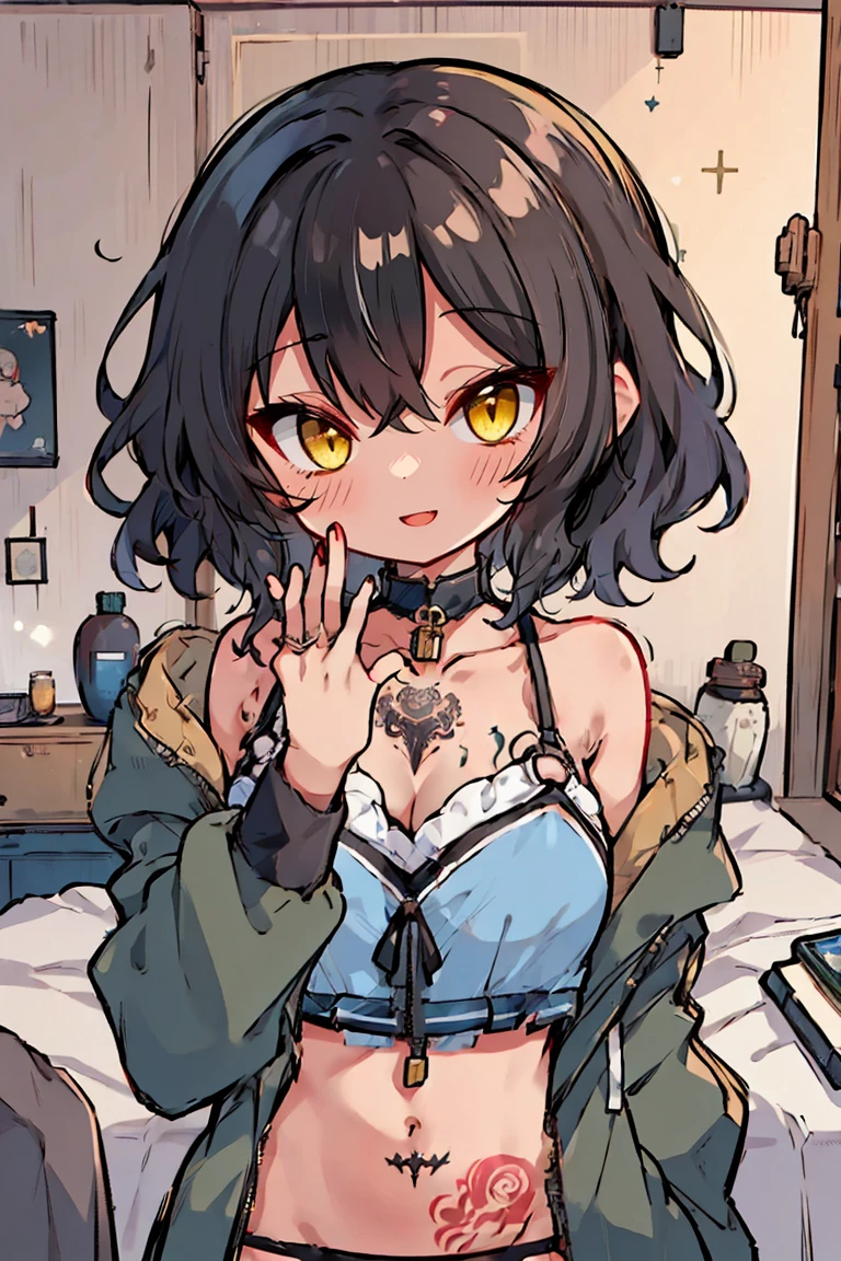 (masterpiece:1.2), (high quality:1.2), (hui xiyi:0.7), rekkyo sensen, rekkyou sensen, girls with((1girl, solo, black hair, yellow eyes, short eyebrow, (wavy medium hair, one side up:1.55), blush, breasts, choker, cleavage, coat, cowboy shot, blue clothes, injury, micro bikini with delicate print, stomach tattoo, tattoo, navel, collar, collarbone, rosary, rosary choker, cross, fur, khaki hoodie, green hoodie, hood down, hooded coat, hooded jacket, hoodie, jacket, large breasts, long hair, long sleeves, medium breasts, open clothes, open coat,open hoodie, sleeveless, winter clothes, zipper, cleavage, upper body, (hand up:1.3), waving, palm)), background with((bedroom, room:2.0))