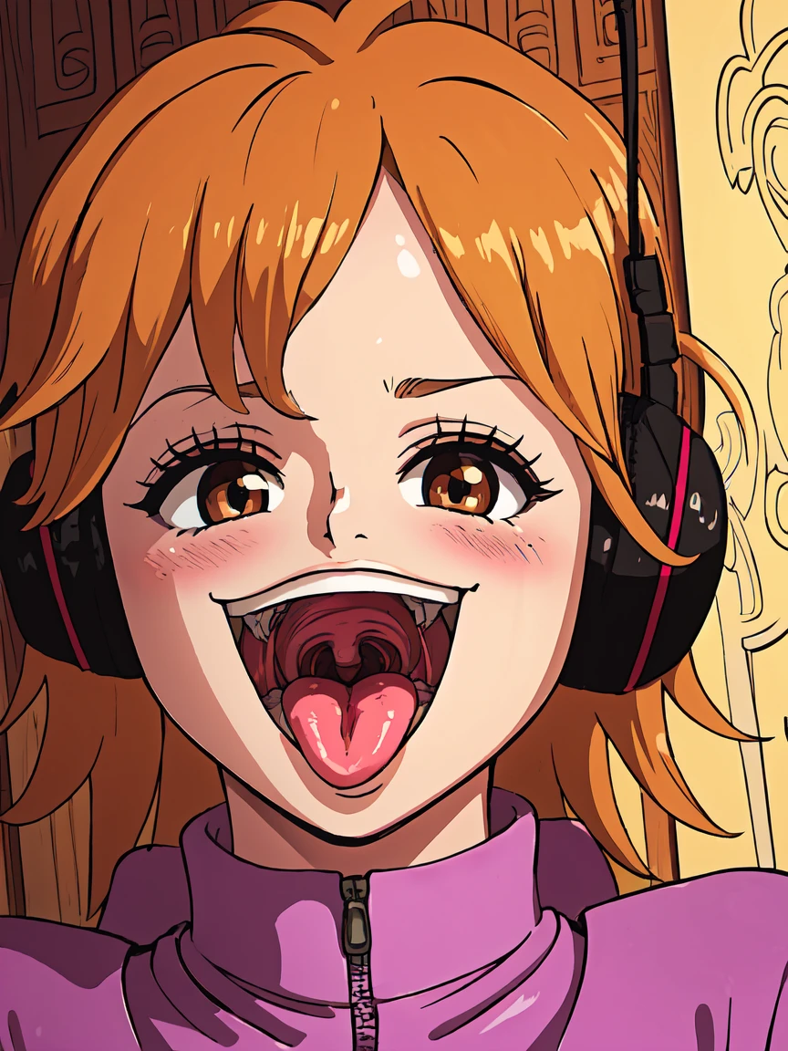 masterpiece, ((ultra detailed background, delicate pattern, intricate detail)), (highly detailed, fine details), best quality, beautiful lighting, ((medium breasts, slim girl)), 1girl, Lilith, ((mischievous smile)) ,(bangs covering one eye), ((light ginger hair)),headphones, (brown eyes), dark-purple jacket,(pink bodysuit, (close-up, portrait), blush, open mouth, big mouth, tongue, tongue out, close up, saliva, uvula, uvula, room, mouth focus, excessive saliva, one eye covered, room, indoors,
