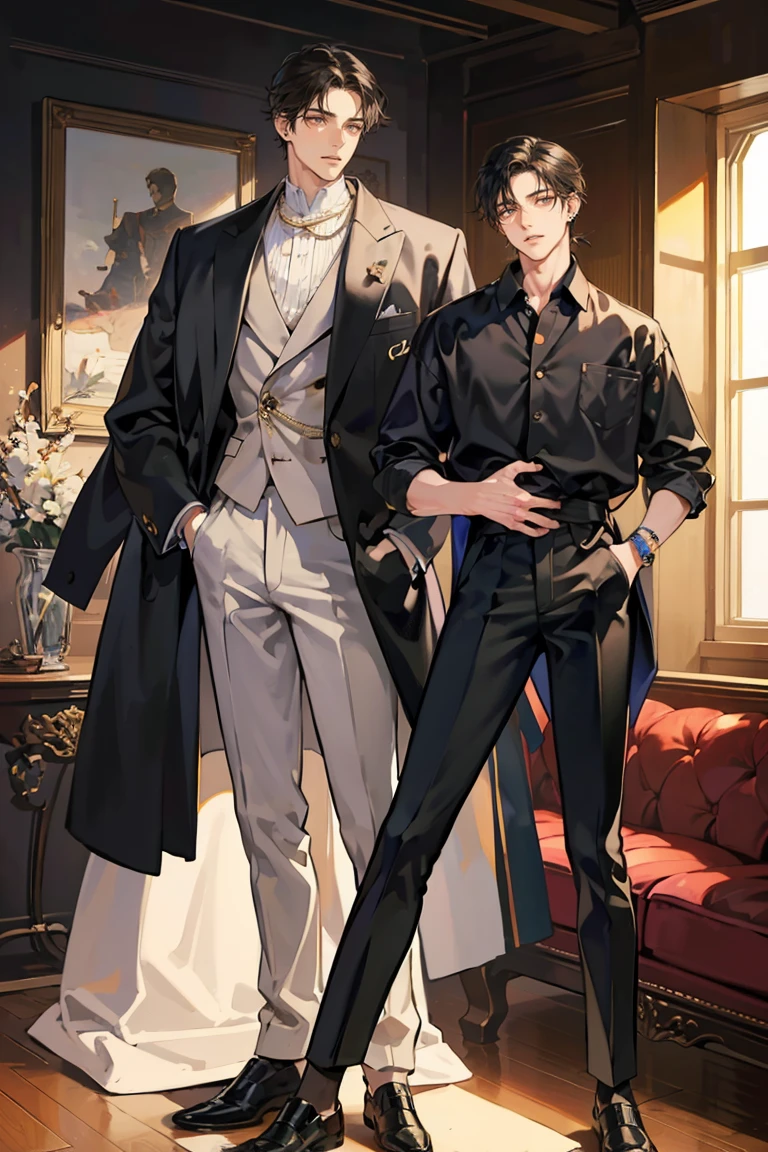 anime - (masterpiece), best quality, seductive eyes, perfect face, handsome man, brown eyes, long slicked back black hair, long nose, tan brown skin, volleyball jersey, black fitted pants, extremely tall man, long legs, long calves, full body, tall man, long legs, anime cover, 1boy, ear piercings, hands in pockets, adult-like look, professional look, ceo-like look, luxury interior background