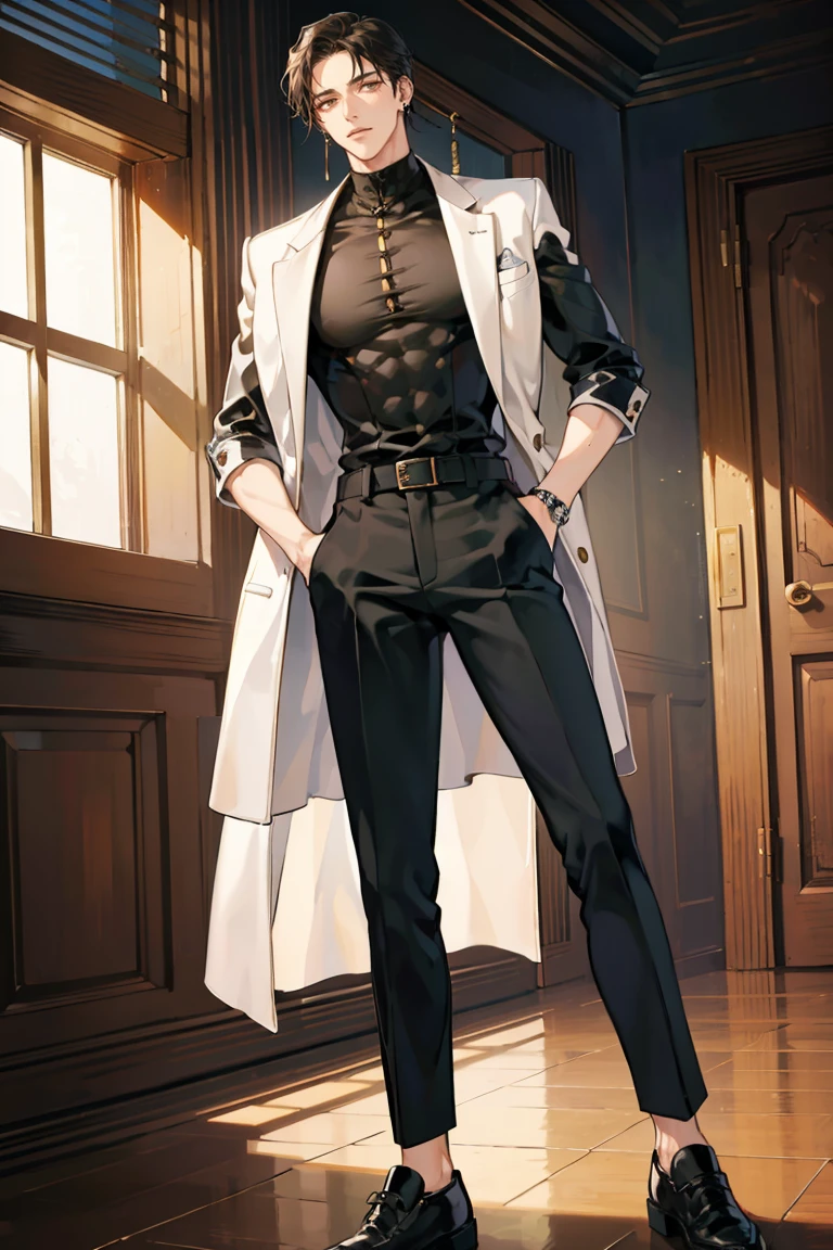 anime - (masterpiece), best quality, seductive eyes, perfect face, handsome man, brown eyes, long slicked back black hair, long nose, tan brown skin, volleyball jersey, black fitted pants, extremely tall man, long legs, long calves, full body, tall man, long legs, anime cover, 1boy, ear piercings, hands in pockets, adult-like look, professional look, ceo-like look, luxury interior background