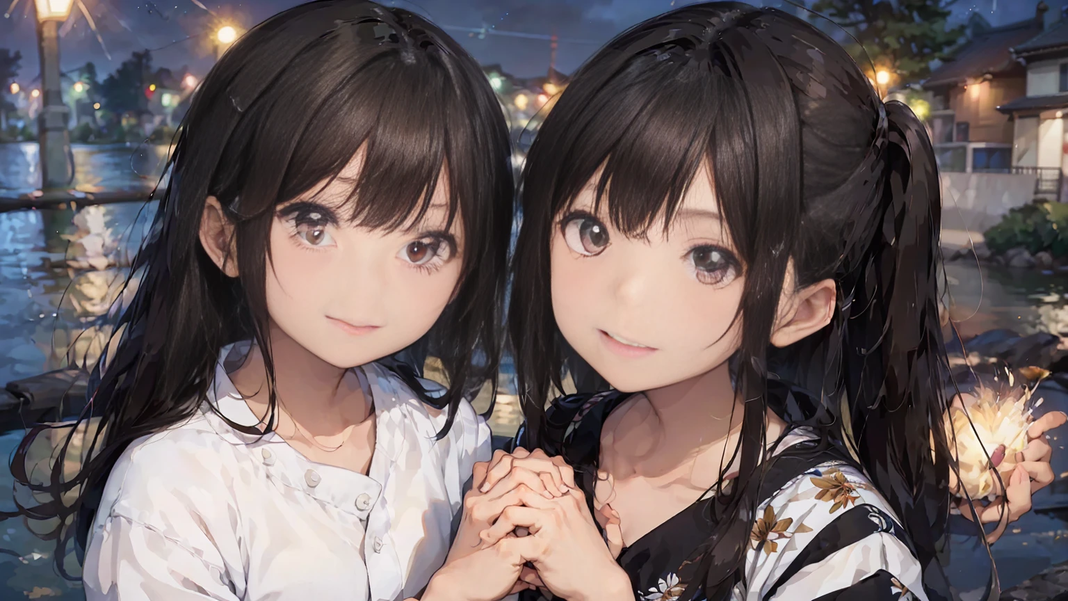 A night at the fireworks festival, with numerous fireworks lighting up the background from the riverside. A 25-year-old man is wearing a brown jinbei, and a 17-year-old woman is dressed in a floral yukata. The man is tall, and the two are holding hands, blushing as they gaze into each other's eyes.