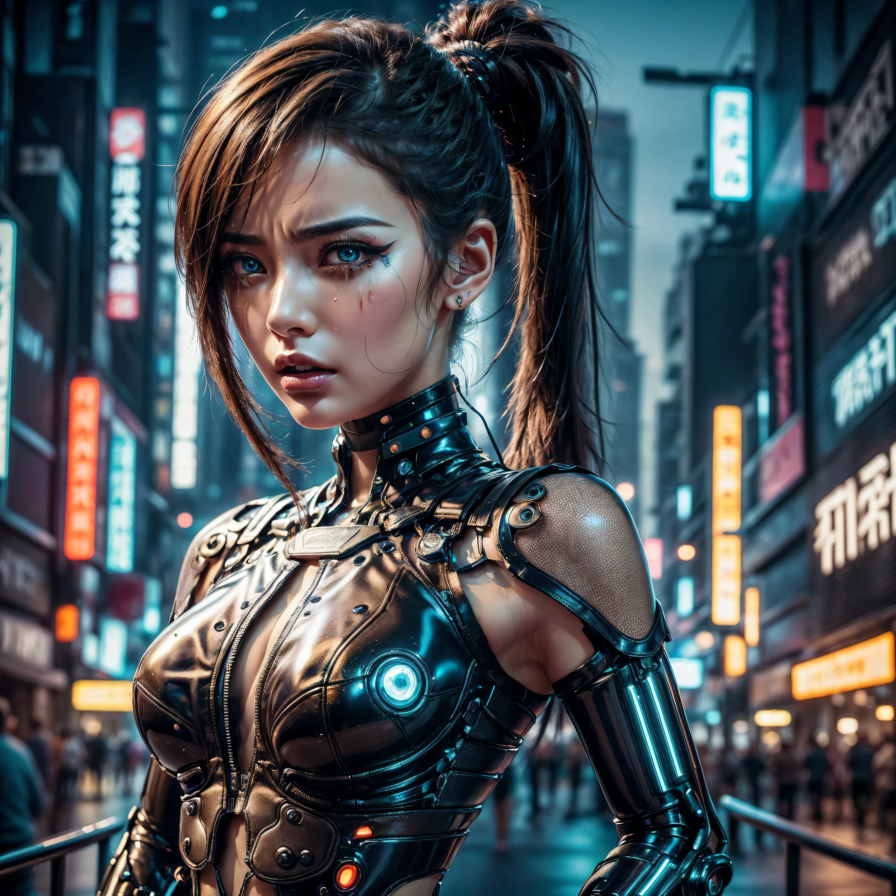 (photorealistic Realism 16K Quality, ultra-fine digital art), (Hyper-realistic proportional body, anatomically correct:1.3), (((beautiful cyberpunk woman))), ((upper body to navel shot:1.25)), Portrait, ((Short, bright Blonde, messy hair)), Black Eyeshadow, ((futuristic cyberpunk nylon, leather, latex, street style:1.3)),((futuristic biomechanical cyberpunk implants:1.2)), (Urban Background:1.35), Heavy makeup, Digital Art, Trending on Art Station, highly detailed, The finer details, Complex, beautiful detailed glow, (detailed beautiful, slim and sharp-face), (light pale complexion). BREAK, (best detailed brown_eyes:1.3), ((Hyper-realistic sharp real human eyes)), (tired and sleepy and satisfied:0.0), ((close up of a woman's eyes:1.22)), perfect round eyes, (finely detailed pupils:1.3), (neon lighting), High resolution, Sharp focus, Smooth, This work is in the style of (science fiction futurism) with a ((cold palette)) that adds depth and richness to the scene, creating a sense of ((scream:1.2)) and ((tears)). (The landscape) is harmoniously balanced, inviting the viewer to immerse themselves in the atmosphere of the cyberpunk city, feel the breeze and listen to the gentle ((falling rain)).