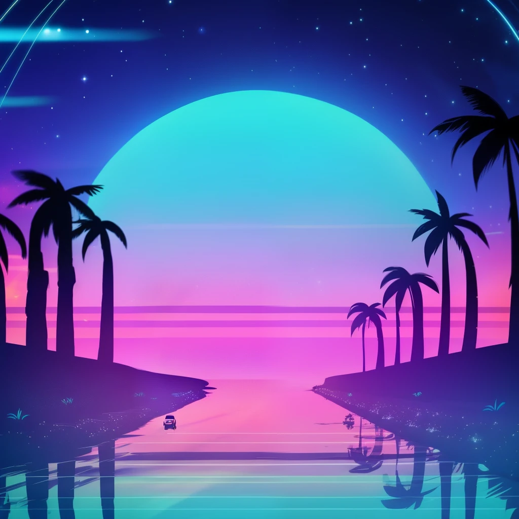 (neonskiesai)++, a car driving on the highway, futuristic, coconut trees, beach, music photo.