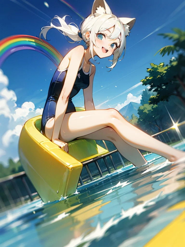 front view,独奏,looking at viewer,white hair,topknot,White camisole swimsuit、smile、fun、rainbow, rainbow water slider, steep and long slope, sliding, sitting and sliding on the rainbow, floating hair, holding knee, playing slide,Sliding down the slide at tremendous speed, blue sky,motion blur, depth of field, line of effect,