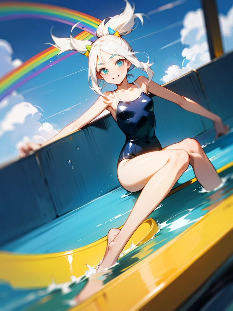 front view,独奏,looking at viewer,white hair,topknot,White camisole swimsuit、smile、fun、rainbow, rainbow water slider, steep and long slope, sliding, sitting and sliding on the rainbow, floating hair, holding knee, playing slide,Sliding down the slide at tremendous speed, blue sky,motion blur, depth of field, line of effect,