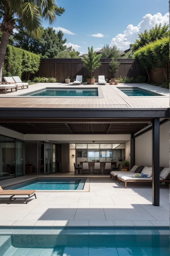 an image with a front surface, a kind of table, and in the background a backyard with a modern pool party space with pool