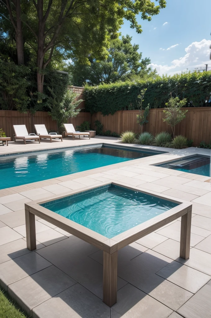 an image with a front surface, a kind of table, and in the background a backyard with a modern pool party space with pool 