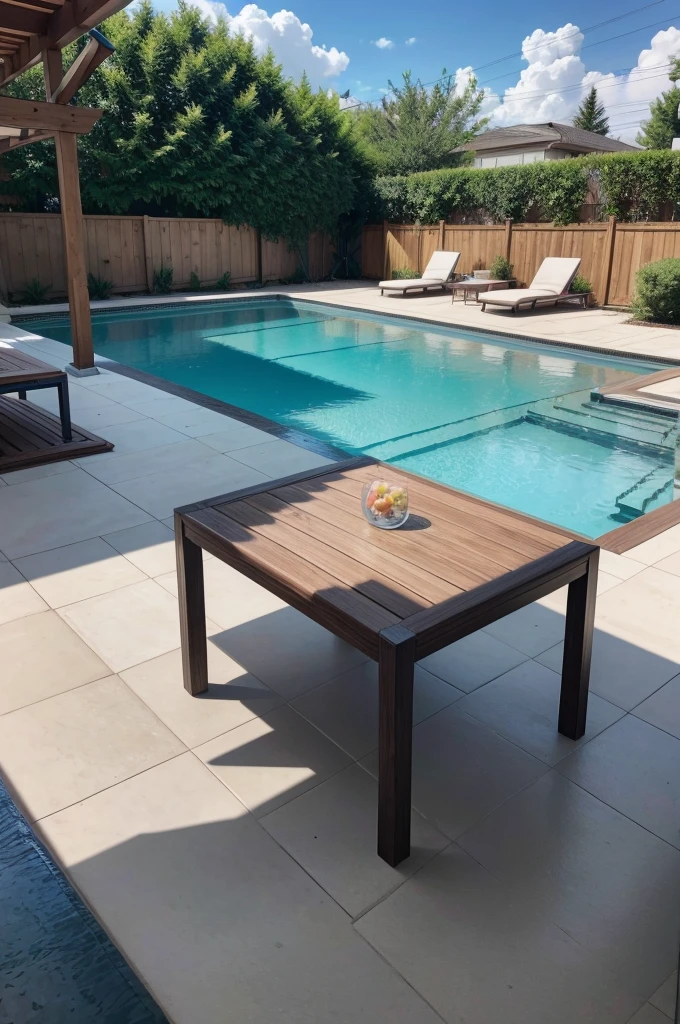 an image with a front surface, a kind of table, and in the background a backyard with a modern pool party space with pool 