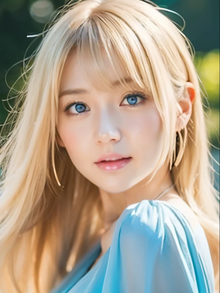 Beautiful white and shining skin、Blonde hair color that changes depending on the light、Long bangs between the eyes obstruct vision、Shiny highlights on cheeks、Sexy and very beautiful lovely cute gorgeous face、the most beautiful face in the world、Super long gorgeous spare blonde hair、smooth straight hair、big breasts, Huge, bright, light blue eyes、beautiful bangs、beautiful cute girl.small face beauty、cheek gloss highlight