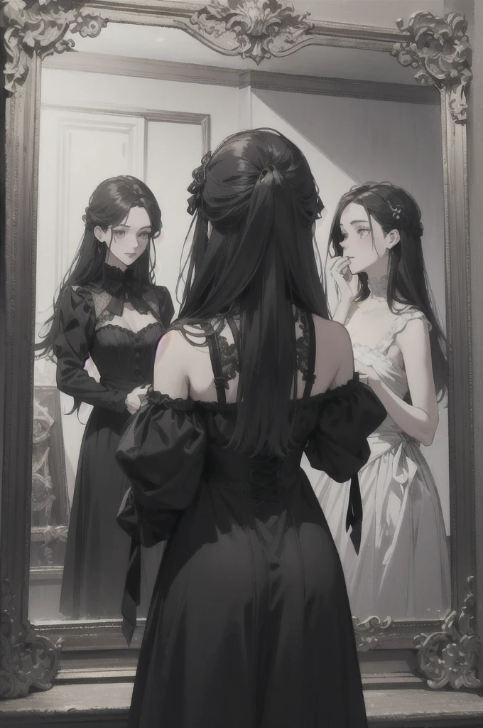 midjourney, ((best quality)), ((masterpiece)), (detailed), male and female infront of a mirror in gothic dark academia attires. Black and white, vintage art. From behind. Faces not visible. 