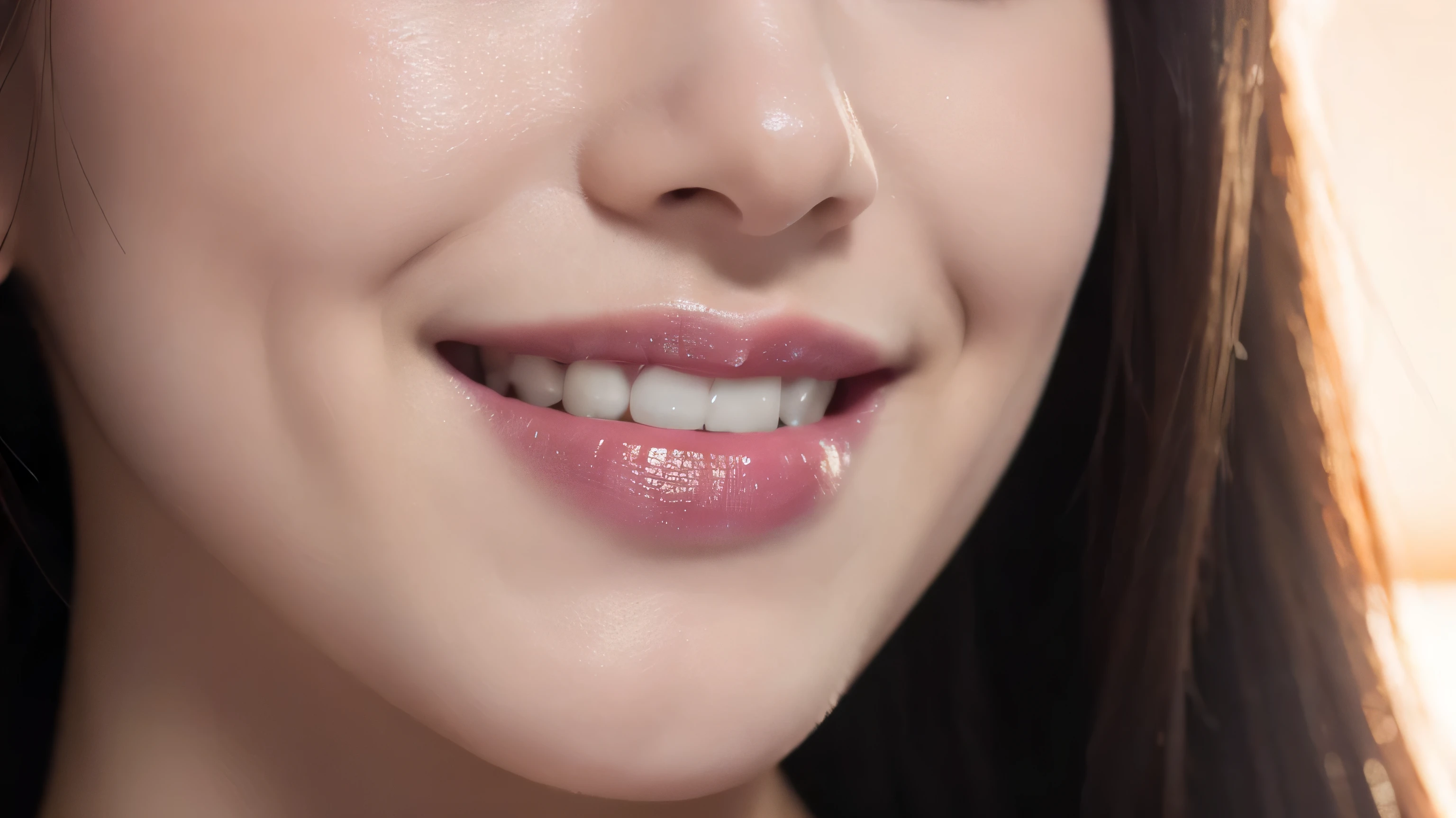 Highest quality,Maximum resolution,8K,A macro close-up photo of a mouth,Pink,Smile,woman,The texture is real and clear