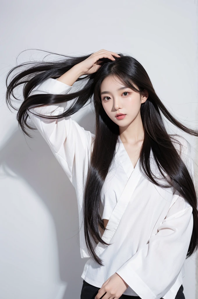 Korean woman long hair white background