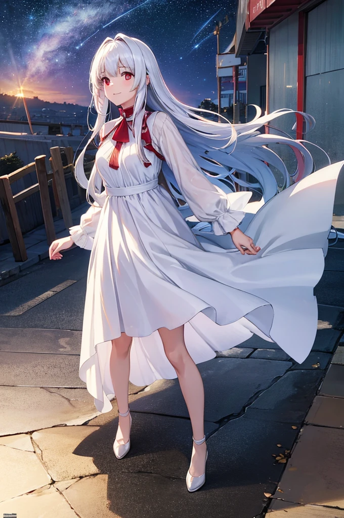 (masterpiece:1.3), (best quality:1.1), (8k, ultra detailed, ultra high res:1.2), ((anime style)), perfect 5 fingers, perfect anatomy,
1girl,
BREAK long hair, whiet hair,
red eyes,
medium breasts, white dress, Opalescent dress,
smile,
looking up,
full body,
standing,
outdoor, outside, Meteor shower, she is looking up at the starry sky,