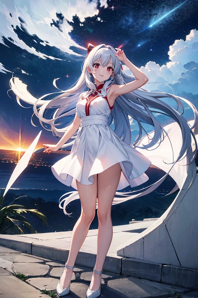 (masterpiece:1.3), (best quality:1.1), (8k, ultra detailed, ultra high res:1.2), ((anime style)), perfect 5 fingers, perfect anatomy,
1girl,
BREAK long hair, whiet hair,
red eyes,
medium breasts, white dress, Opalescent dress,
smile,
looking up,
full body,
standing,
outdoor, outside, Meteor shower, she is looking up at the starry sky,