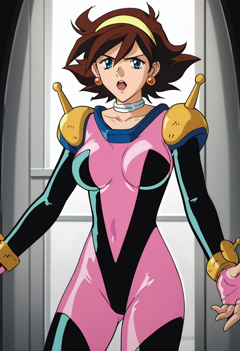 score_9, score_8_up, score_7_up, score_6_up, score_5_up, score_4_up,detailed Lora,masterpiece,best quality,highres,absurdres,official art,official style,source_anime,anime coloring,(anime_screencap),(megami magazine),anime,animated,explicit,shiny skin,extremely detailed CG unity 8k wallpaper,detailed face,perfect face,beautiful face,detailed eyes,perfecteyes,expressive eyes,perfect anatomy,BREAK,RAIN MIKAMURA,brown hair,short hair,blue eyes,pink and black latex bodysuit,skin tight,shoulder armor with antenna,yellow hairband,earrings,large breast,nallow waist,lewd lowerbody,cowboy shot,