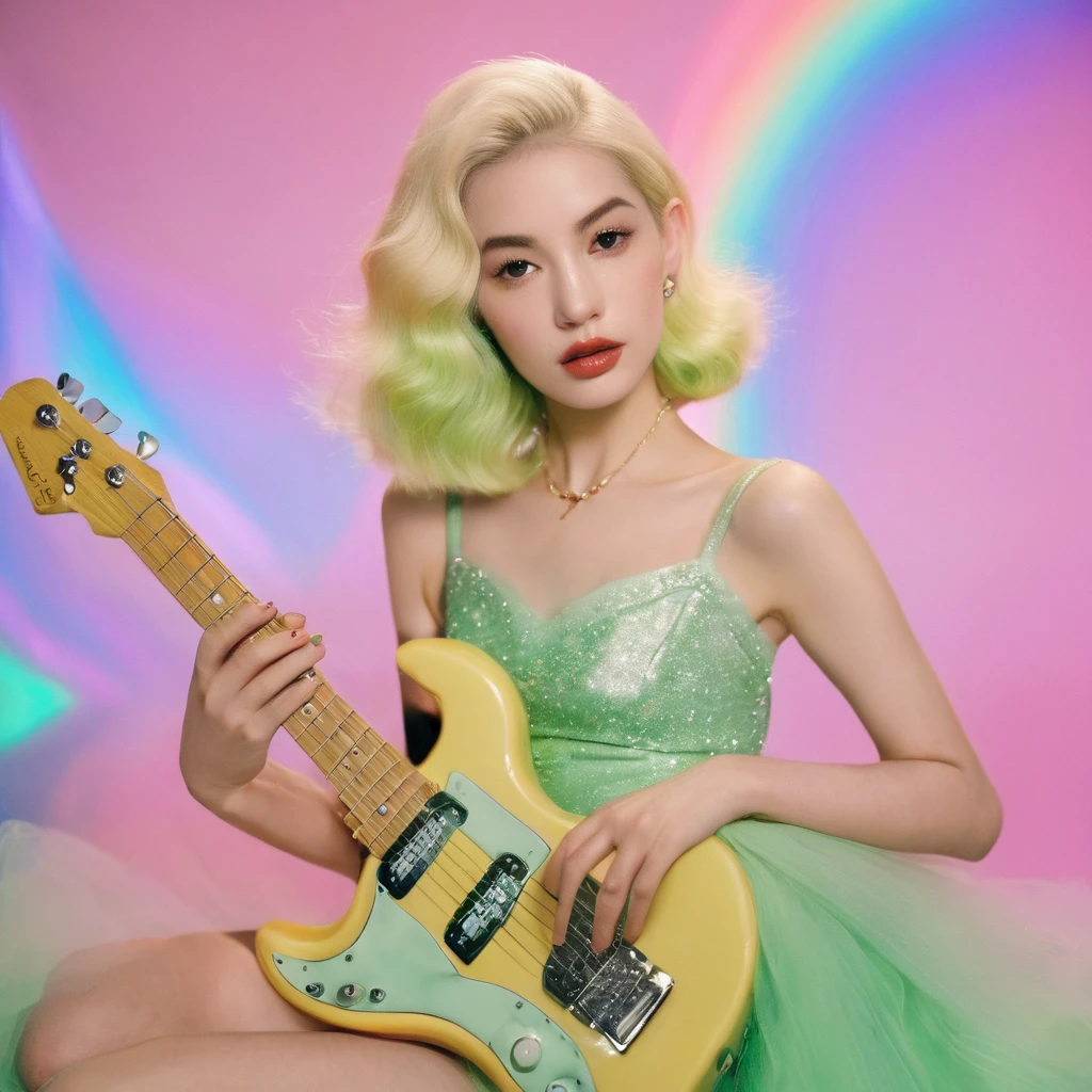 a candid photo portrait of an eccentric kawaii blonde barbie doll Korean queen, retro-futuristic, still from the film, ((solo)), (Anne Hathaway look alike face: 0.9), playing guitar on stage, looking at camera :: a pastel galaxy universum with stars and nebulas, pink futuristic haute couture , pastel green and pink colors, vintage, Leica SL3, Summicron-SL 75 f/2 ASPH, kodak gold 200 film, bare shoulder, dynamic action pose,